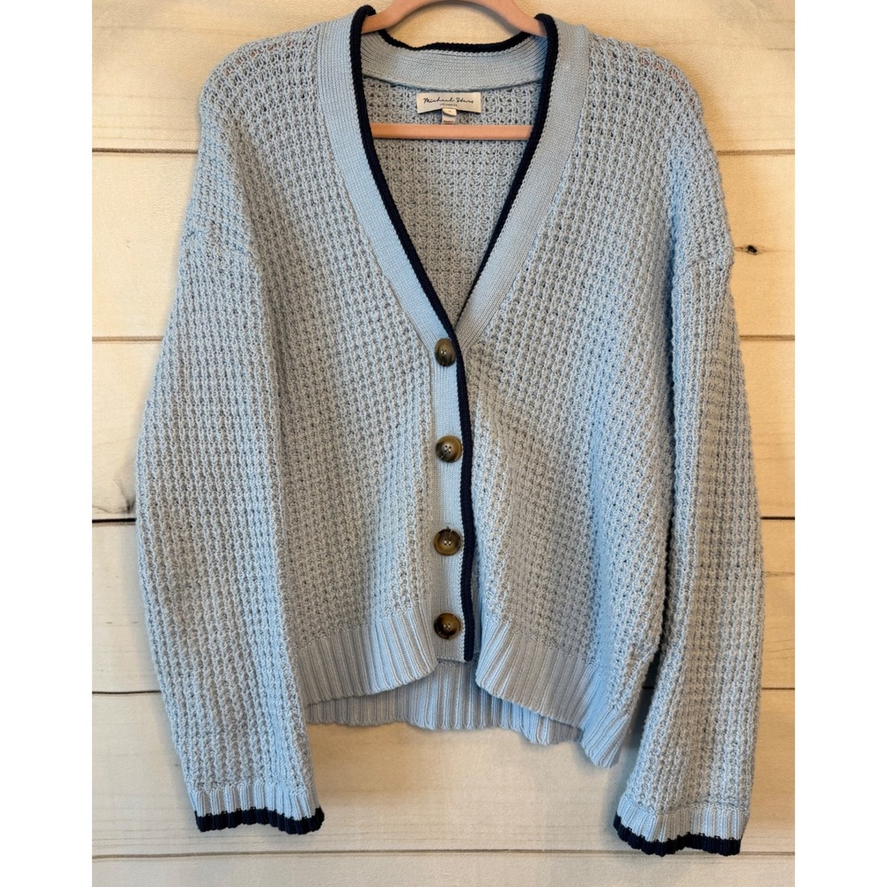 Michael Stars Light Blue Waffle Knit V-Neck Cardigan Sweater Navy Trim SWF006 S